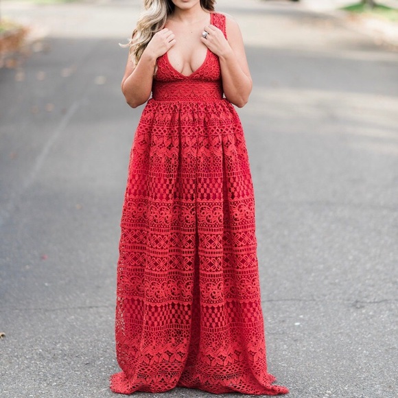 Red crochet lace maxi dress formal gown long - Picture 5 of 7
